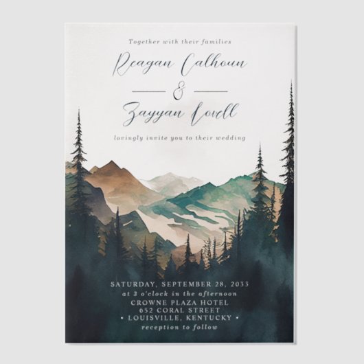 Waterverf bergen Pine Forest Script Weddenschap Vellum Uitnodigingen (Voorkant)