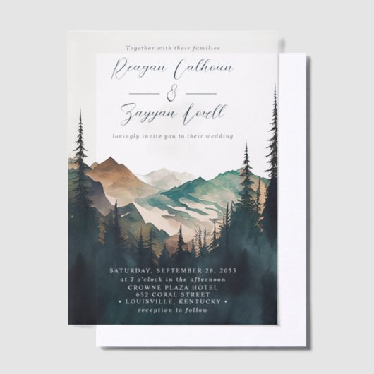 Waterverf bergen Pine Forest Script Weddenschap Vellum Uitnodigingen (Offset)