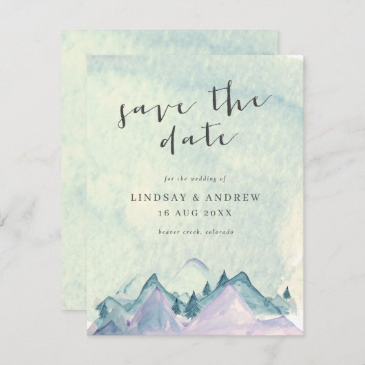 Waterverf bergen Weddenschap Save the Date Kaart (Voorkant / Achterkant)