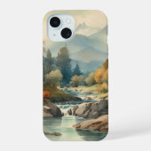 Waterverf bergstroomlandschap iPhone 15 hoesje (Achterkant)