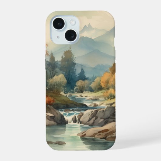 Waterverf bergstroomlandschap iPhone 15 hoesje (Achterkant)