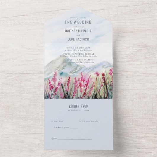 Waterverf Bergweddenschap Roze Wildflower Meadow All In One Uitnodiging (Binnen)