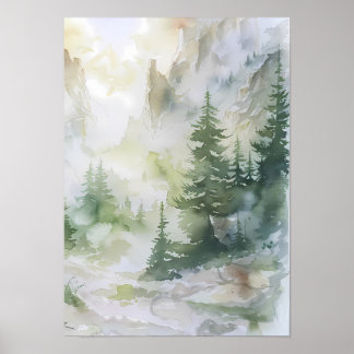 Waterverf bergwoud met nevel poster