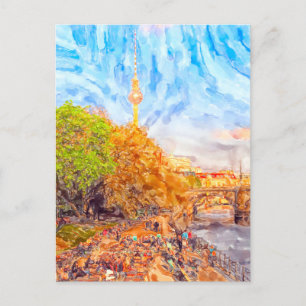 Waterverf Berlijn. Avondstemming in Monbijoupark Briefkaart