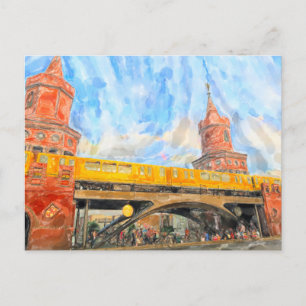Waterverf Berlijn. S-Bahn bij de Oberbaumbrücke Briefkaart