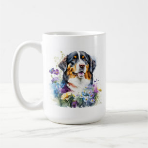 Waterverf Berner Berghond met Bloemen Koffiemok