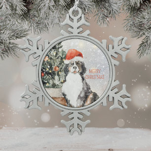 Waterverf Berner Sennenhond Prettig Kerstfeest Tin Sneeuwvlok Ornament