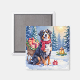 Waterverf Berner Sennenhond slee Kerstmis Magneet