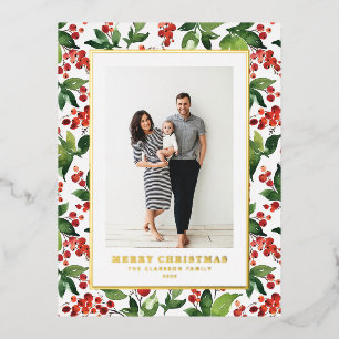 Waterverf Berries en Greenery kerstfoto Folie Feestdagen Briefkaart