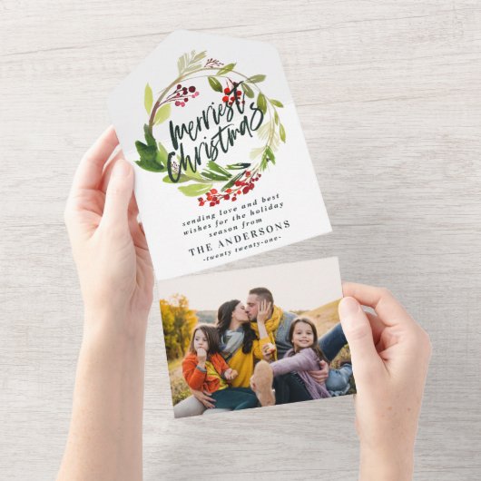 Waterverf Berries en Greenery Wreath Holiday All In One Uitnodiging (Afscheurbaar)