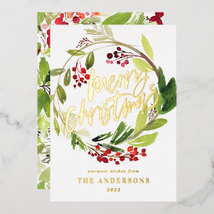Waterverf Berries en Greenery Wreath Holiday Folie Feestdagenkaart