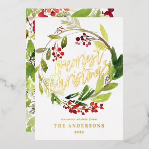Waterverf Berries en Greenery Wreath Holiday Folie Feestdagenkaart