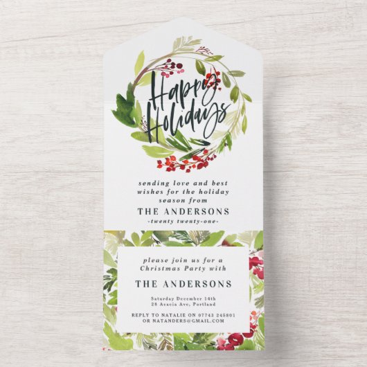 Waterverf Berries Greenery Wreath prettige feestda All In One Uitnodiging (Binnen)