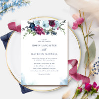 Waterverf Berry Blue Burgundy Floral Wedding Invi
