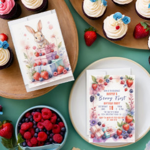 Waterverf Berry eerste verjaardag met konijn Kaart