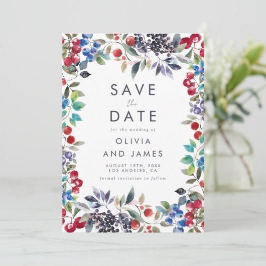 Waterverf Berry Zomer Bruiloft Save The Date (Staand voorkant)