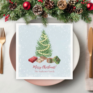 Waterverf besneeuwde kerstboom en cadeaus servet