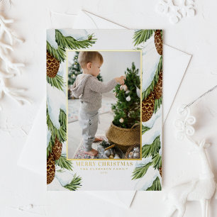 Waterverf besneeuwde pinecones vrolijke kerstfoto folie feestdagenkaart