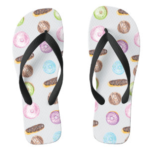 Waterverf besprenkelde gebakken donuts eclairs bak teenslippers
