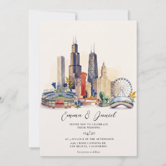 Waterverf Bestemming Huwelijk Chicago Silhouet Kaart