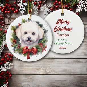 Waterverf Bichon Frise Dog Red Bow Wreath Keramisch Ornament
