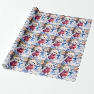 Waterverf Bichon Frise Festieve Fontein Kerstmis Cadeaupapier