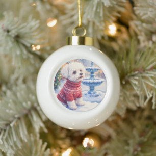 Waterverf Bichon Frise Festieve Fontein Kerstmis Keramische Bal Ornament