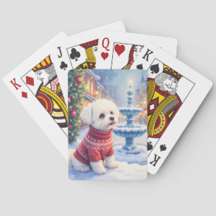 Waterverf Bichon Frise Festieve Fontein Kerstmis Pokerkaarten