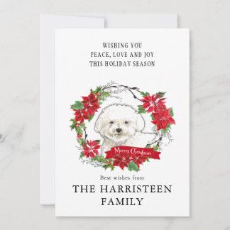 Waterverf Bichon Frise Poinsettia Wreath Feestdagenkaart