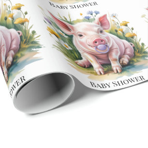 Waterverf Biggetje Wilde Bloemen Baby Shower Cadeaupapier