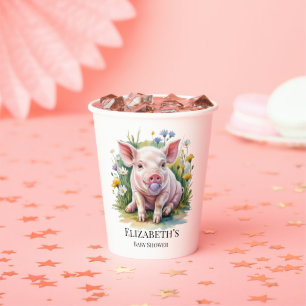 Waterverf Biggetje Wilde Bloemen Baby Shower Papieren Bekers