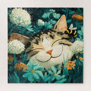 Waterverf Bij Slapende Kat Bloem Tuin Legpuzzel