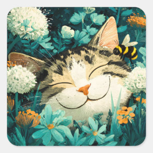 Waterverf Bij Slapende Kat Bloem Tuin Vierkante Sticker