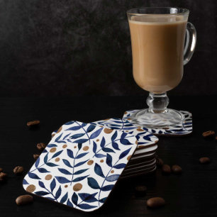 Waterverf bijkantoren en bessen - indigo en beige vierkante kartonnen onderzetter