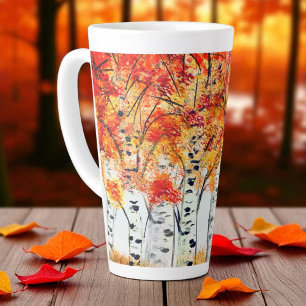 Waterverf Birches Trees Herfst najaar oranje blade Latte Mok