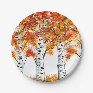 Waterverf Birches Trees Herfst najaar oranje blade Papieren Bordje
