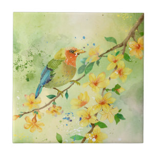 Waterverf Bird and Bloom Art Naturalist Painting Tegeltje