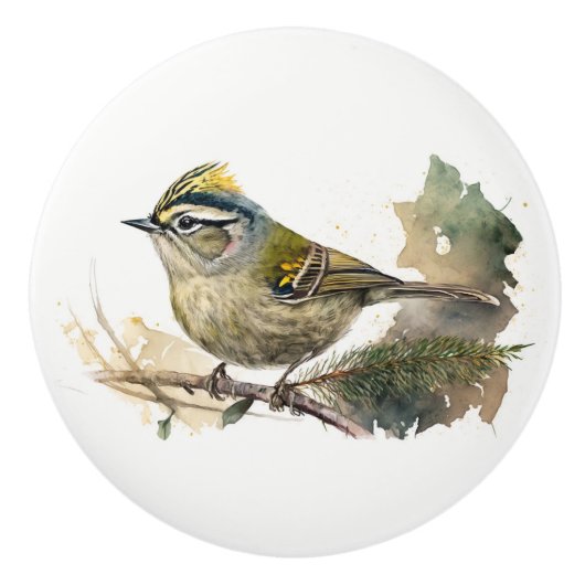 Waterverf Bird op een Pine Branch Keramische Knop (Voorkant)