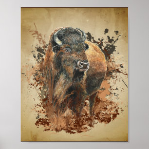 Waterverf Bison Buffalo Dierlijke Natuur in het wi Poster