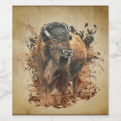 Waterverf Bison Buffalo Dierlijke Natuur in het wi Wijn Etiket (Enkel label)