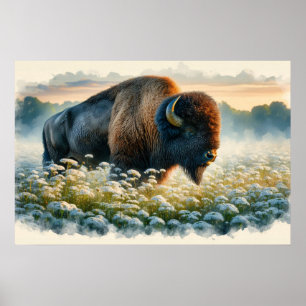Waterverf Bison White Wildflower Poster