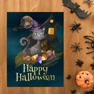 Waterverf Black Cat met snoepjes, Halloween Folie Feestdagen Briefkaart