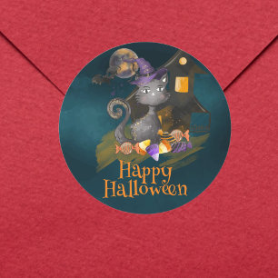 Waterverf Black Cat met snoepjes, Halloween Ronde Sticker