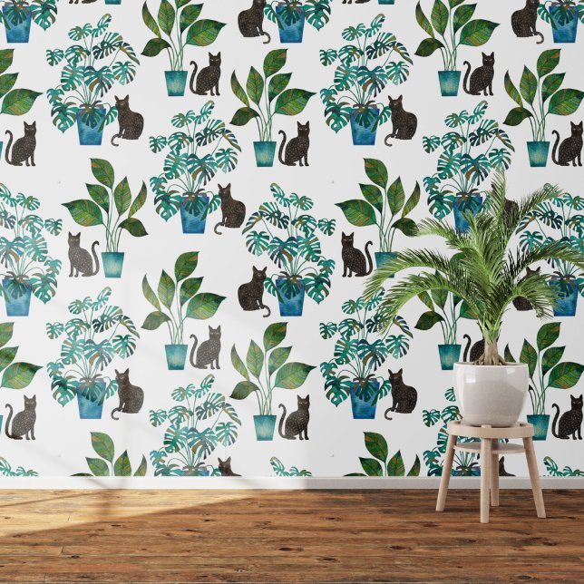 Waterverf Black Cat Monstera Houseplant Behang (Black cat with monstera houseplants watercolor  art wallpaper)