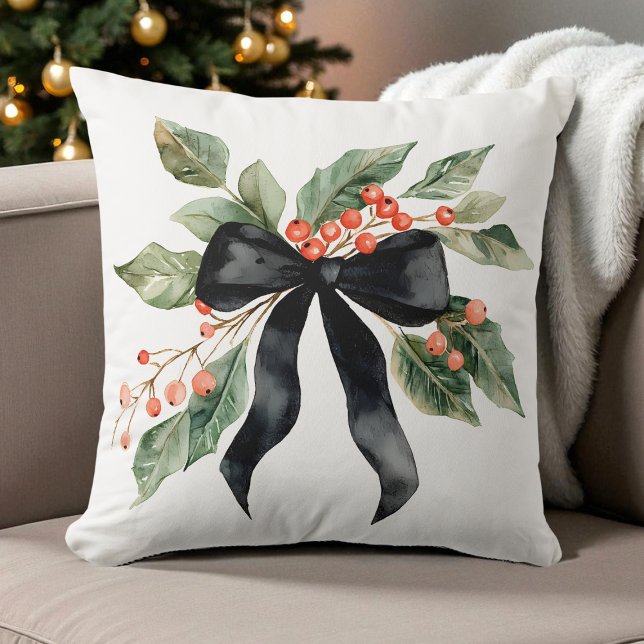 Waterverf Black Christmas Bow Geen Leaves Modern Kussen (Watercolor Black Christmas Bow Geen Leaves Modern Throw Pillow)