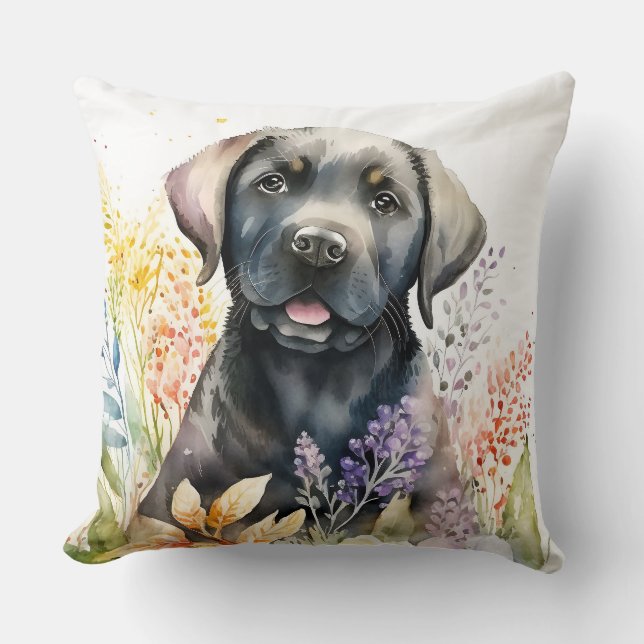 Waterverf Black Labrador Retriever en Flowers Kussen (Voorkant)