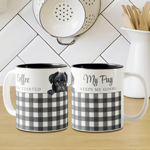 Waterverf Black Pug Dog Plaid White Custom Tweekleurige Koffiemok
