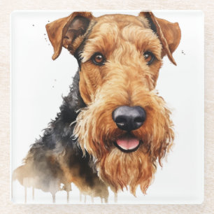  WATERVERF BLACK & TAN AIREDALE TERRIER DOG GLAZEN ONDERZETTER