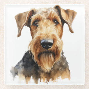  WATERVERF BLACK & TAN AIREDALE TERRIER DOG GLAZEN ONDERZETTER
