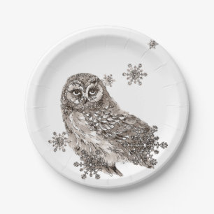 Waterverf Black & White Owl Bird Snowflakes Papieren Bordje